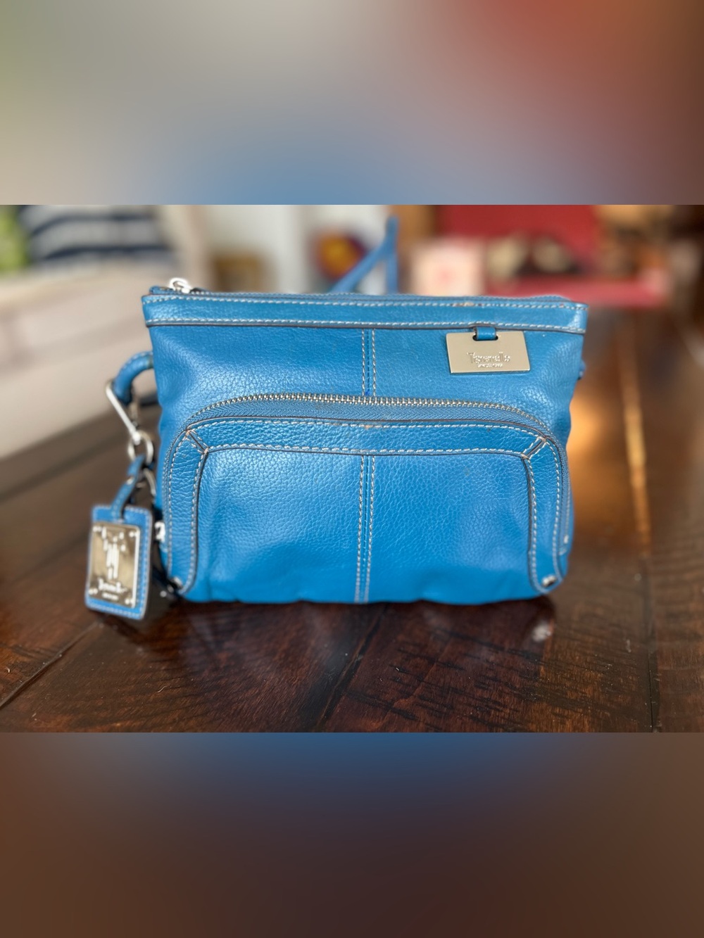 Tignanello Blue Pebbled Leather Crossbody Bag Multi Zip Organizer Purse